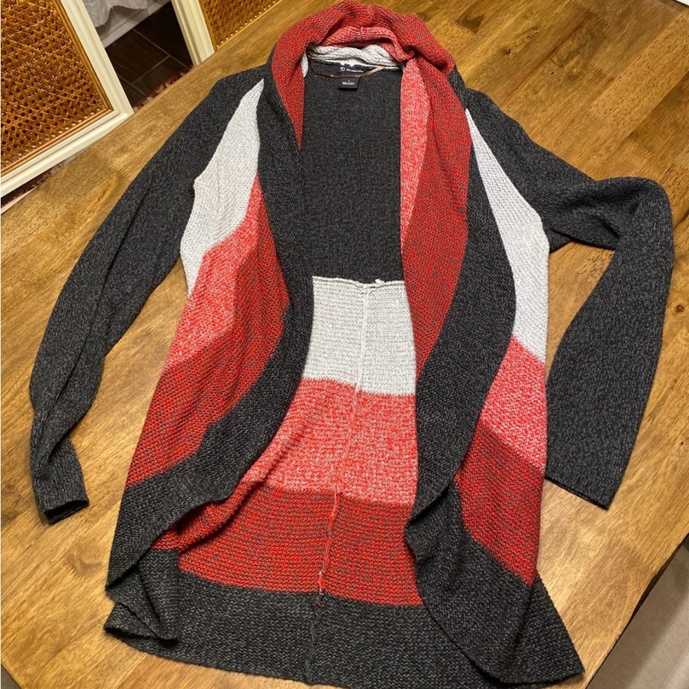 New Directions Colorblock Open Front Cardigan Sweater | Red Gray Black | Size L